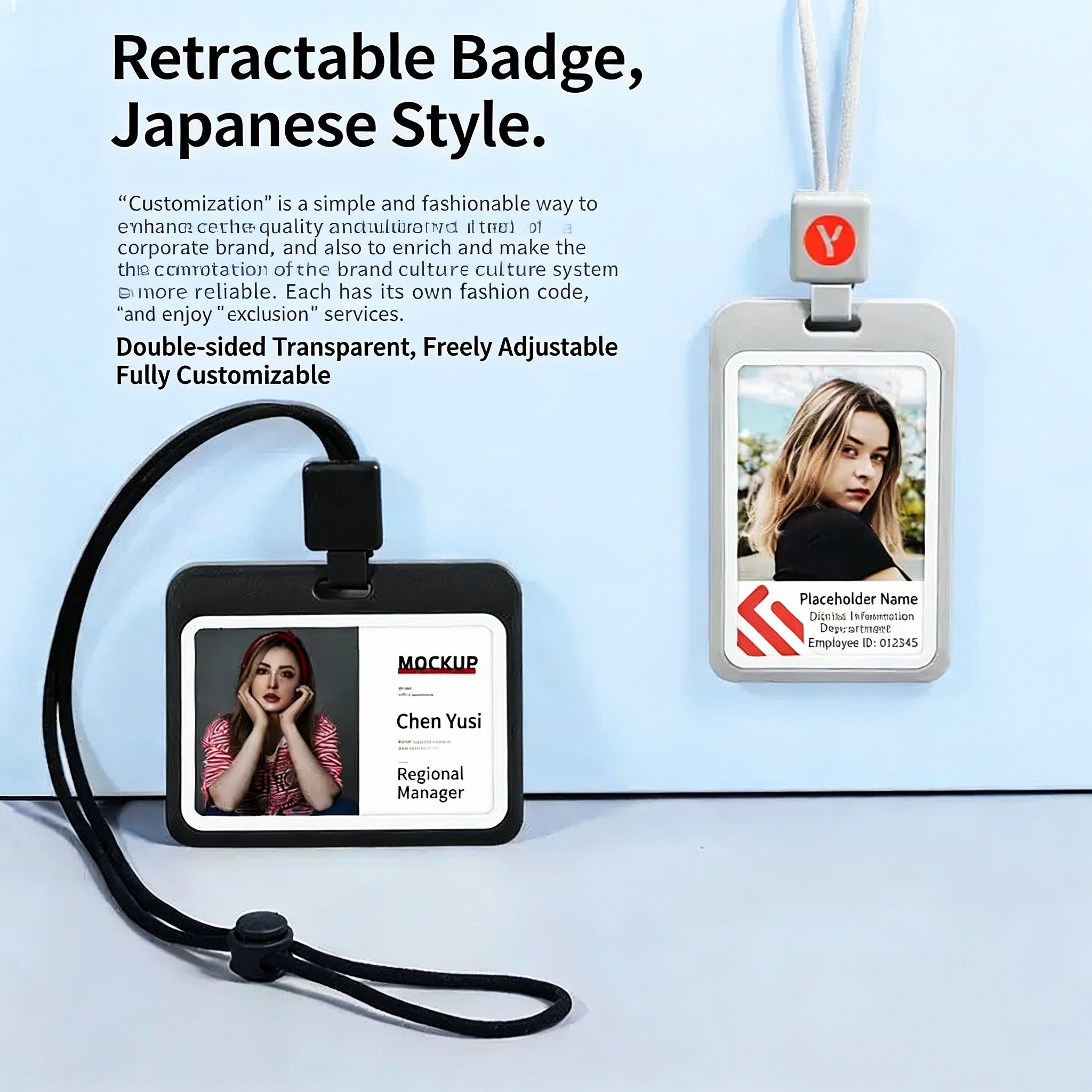 Vertical ID Card Holder with Custom Retractable Lanyard - Double Sided Transparent Badge Holder